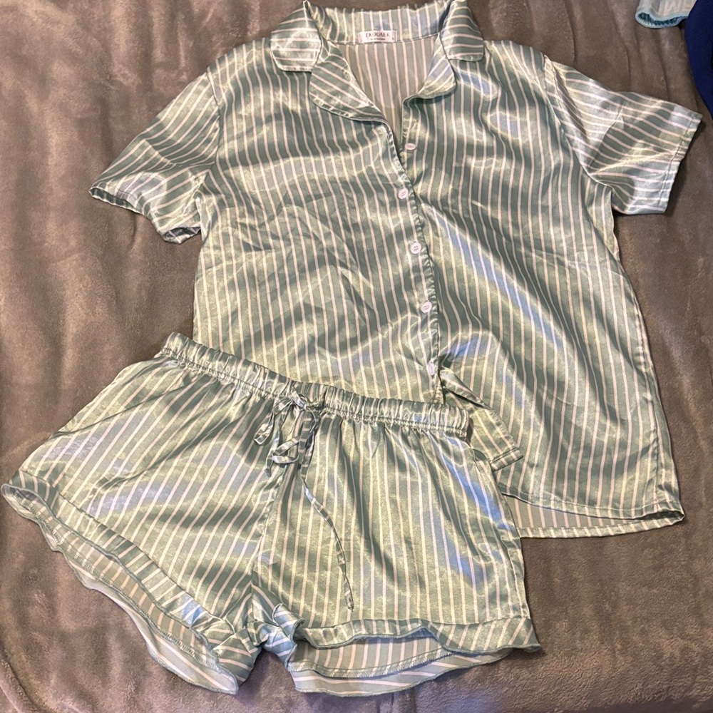 Elegant Mint Striped Satin Pajama Set